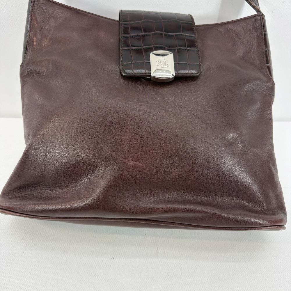 Ralph Lauren Brown Leather Croc Embossed Shoulder Bag RL Logo Hobo Handbag - Picture 3 of 16